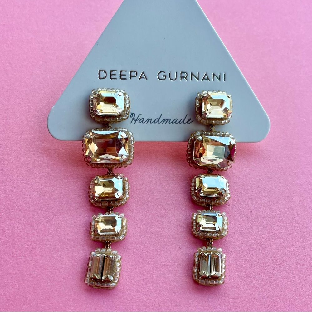 Deepa Gurnani Linear Crystal Drop Earrings Gold NWT